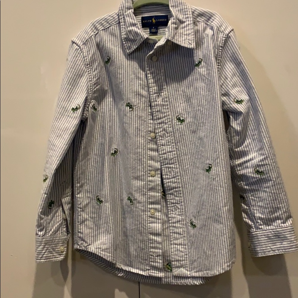 Ralph Lauren Boys Blue White Striped Button-Down Shirt with Green Embroidery